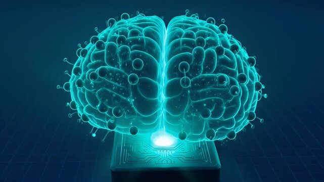 futuristic digital brain connected to a processing unit with glowing light, cyan glow