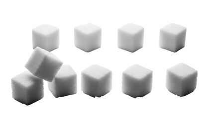 A group of sugar cubes on a white surface, isolated on transparent background