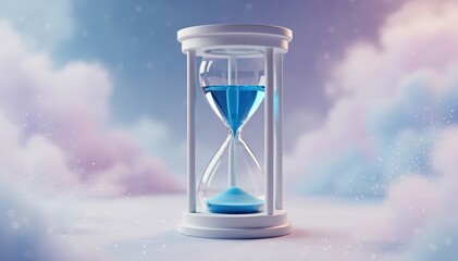 Time's Gentle Flow: An exquisite hourglass, filled with flowing azure liquid, rests amidst a dreamy canvas of pastel clouds, embodying the fleeting nature of time and its graceful passage.