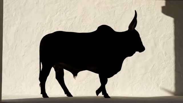 Indian Ox or Brahman Bull Moving Right, Captured as High Contrast Shadow Art - Abstract Strength Symbol