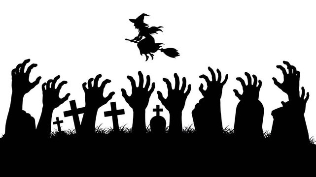 Halloween night silhouette vector graphic featuring a witch flying on a broom over zombie graveyard and tombstones in creepy artistic style design.