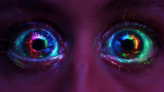 Intense gaze with refracted light and vibrant colors creates a psychedelic experience