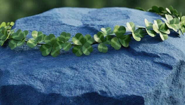 Clover on Blue Stone: A vibrant garland of lucky clover gracefully drapes over a textured, azure stone, inviting thoughts of nature's beauty and the symbolism of good fortune.