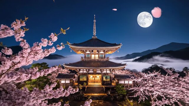 A serene japanese temple surrounded by vibrant pink cherry blossoms under a full moon at dusk with mountains in the background
