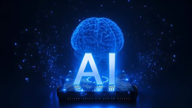 Futuristic glowing blue brain hovering above AI letters on computer chip