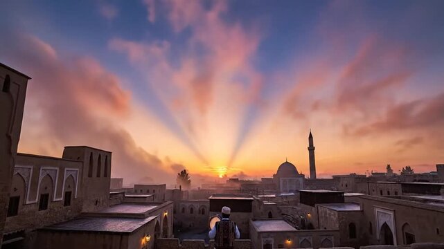 Middle Eastern townscape with a musician and woman in window at sunset