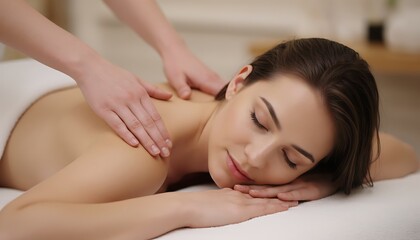 Obraz premium woman receiving a back massage, a beautiful young woman with closed eyes relaxing on massage spa treatment on a blurred bright salon background, Wellness & Self-Care