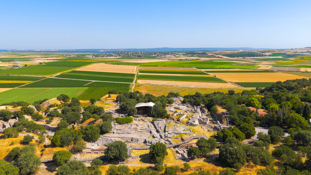 Tevfikiye, Turkey. Aerial landscape view of the Trojan plain and the Dardanelles strait from the site of ancient Troy in Canakkale Province. Aerial view