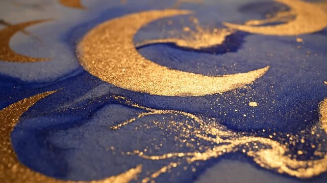 Abstract dreamy dark blue night scene with golden moon crescent shapes