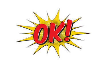Comic book style explosion shape with the word 'OK!' in bold red letters, signifying agreement, approval, or success with a vibrant, energetic feel.