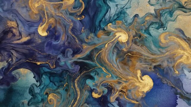 Abstract fluid art with gold accents over architectural elements