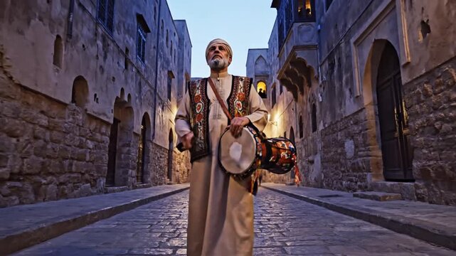 Man in traditional clothing playing a drum in an ancient city street