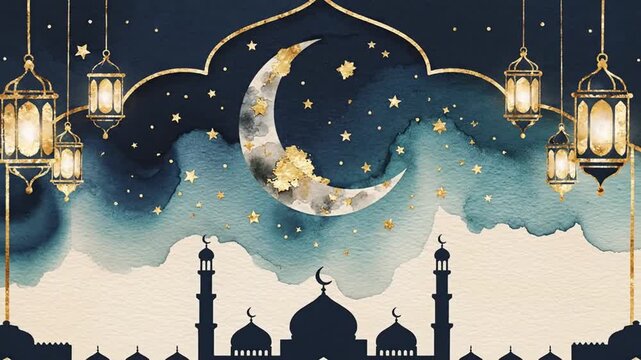 Watercolor Illustration of Crescent Moon, Lanterns, Stars and Mosque Silhouette