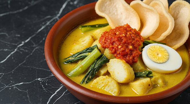 Delicious Lontong Sayur with Spicy Sambal and Crackers.