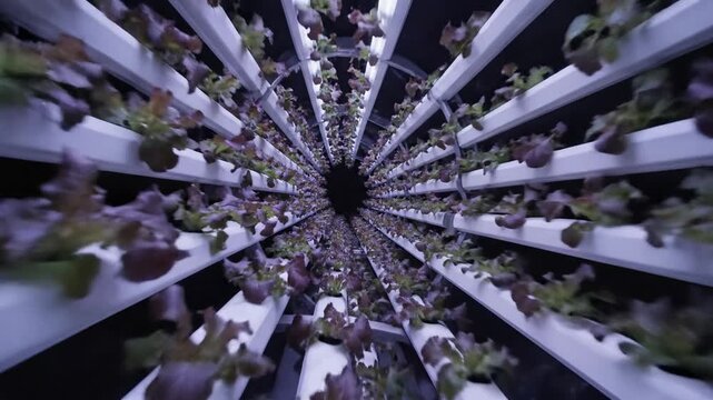 Fast dynamic view rushes through countless rows of fresh red and green lettuce growing inside a futuristic vertical hydroponic farm under artificial lights, emphasizing modern agriculture technology.