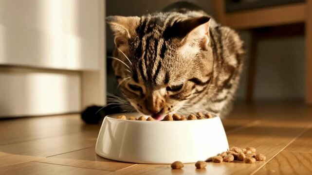A cute tabby cat with striped fur is happily eating dry kibble from a white bowl on a wooden floor, illuminated by sunlight.