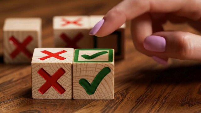 A person's hand places a wooden cube with a green checkmark on top of another, surrounded by cubes with red X marks, symbolizing choice and decision.