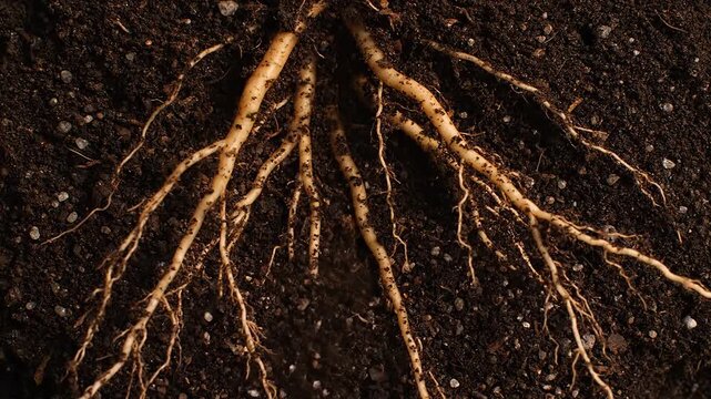 A detailed macro view shows strong, healthy plant roots actively pushing through nutrient-rich dark brown soil and small mineral particles, symbolizing growth and foundation.
