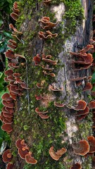 A vertical close-up shot of numerous wild bracket fungi growing on a moss-covered, decaying tree trunk in a dense tropical or autumn forest.