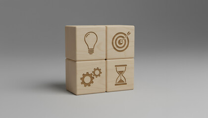 Obraz premium Quadruple Wooden Blocks with Light Bulb, Target, Gears, and Hourglass Icons – Innovation, Planning, and Time Management