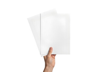 Hand Holding Two Blank A4 White Paper Sheets Mockup Isolated on White or Transparent Background