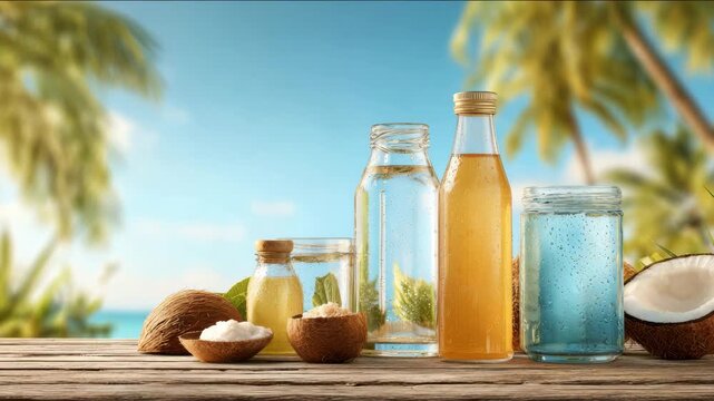 Tropical coconut drinks and oils in glass jars on wooden table outdoors. Assortment of hydration drinks including water, coconut water, electrolyte drink, natural tropical refreshment