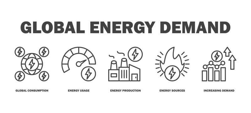 global energy demand banner web icon vector illustration featuring icons of global consumption, energy usage, energy production, energy sources, increasing demand.