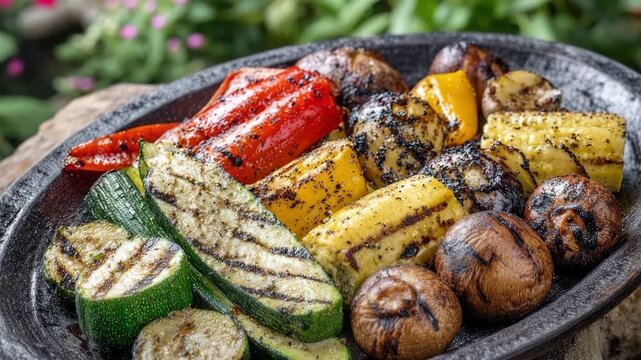 Grilled vegetables on rustic wooden platter outdoors in summer garden setting. Assorted grilled vegetables like zucchini, bell peppers, and mushrooms on a rustic BBQ platter