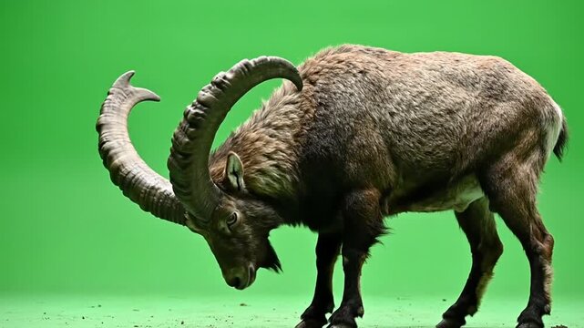 A powerful ibex with large, curved horns stands in profile against a bright green studio background.