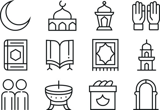 Islamic Icons and Symbols: A collection of meticulously crafted line art icons that capture the essence of Islamic faith, including iconic symbols like the crescent moon, mosque, lamp, and prayer rug.