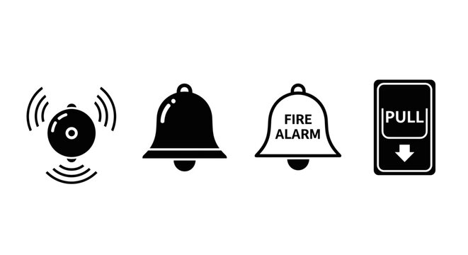 A set of four black and white fire alarm icons including a sensor, bell, alarm and pull station