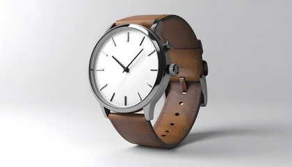 A minimalist wristwatch with a brown leather band against a white gradient backdrop