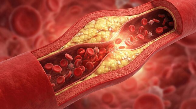 Close-up illustration of a cross-section of a human artery showing plaque buildup and red blood cells flowing through the narrowed lumen.