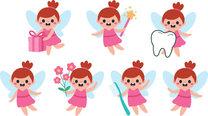 Obraz premium Cute tooth fairy illustration set with toothbrush, gift, wand and tooth, kids dental cartoon fairy characters