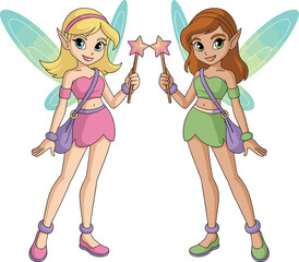 Cute fairy girls illustration with magic wands, colorful wings, cartoon fantasy characters for kids and storybooks © Mosharaf Creative