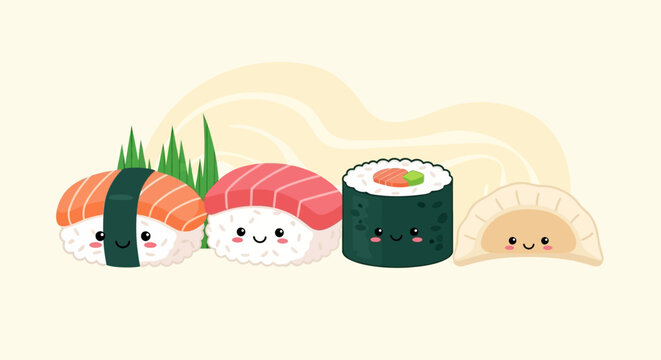 A charming illustration of kawaii-style sushi and dumplings with happy faces, set against a soft, abstract background.