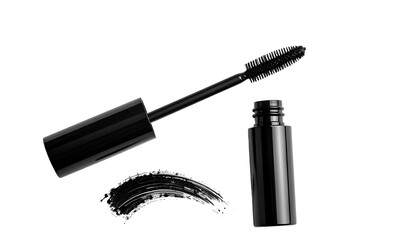Black mascara tube and wand next to a smear of product. Isolated on black
