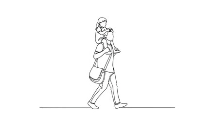 Obraz premium Father carrying daughter on shoulders, happy family, walking, single line art illustration