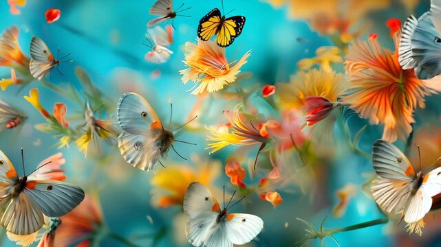 Butterflies Flying in Colorful Spring Garden with Vibrant Flowers
