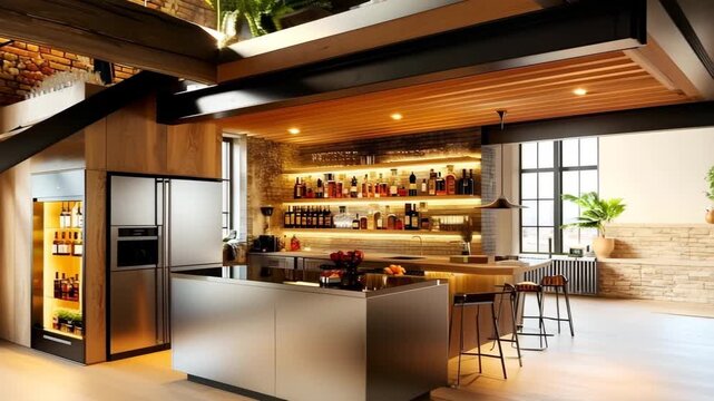 Modern Industrial Loft Kitchen Interior with Stylish Bar and Wine Storage