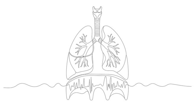 Line art of lungs and trachea with heartbeat waveform, symbolizing breath