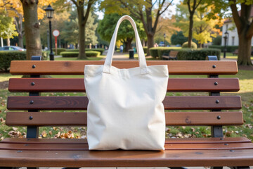 Minimalist White Canvas Tote Bag Mockup on Wooden Park Bench