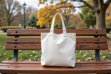Minimalist White Canvas Tote Bag Mockup on Wooden Park Bench