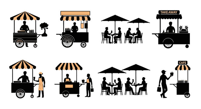 A collection of stylized black and orange food vendor carts tables and people in a minimalist design high quality