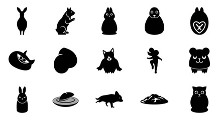 A collection of monochrome silhouettes depicting various animals including rabbits bears and foxes high quality professional detailed modern elegant © MD