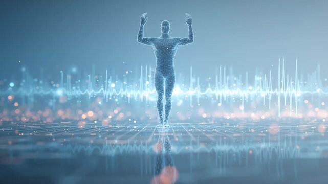Longevity hormone balance health concept illustration, abstract human silhouette surrounded by balanced biological signals, soft medical lighting, calm and harmonious composition, professional 
