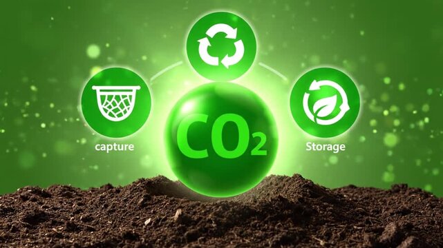 Carbon capture storage motion graphics illustrating CO2 reduction in soil environment from a ground-level viewpoint