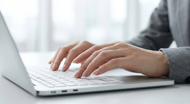 Close up side view of professional business woman hands typing on laptop computer keyboard in modern bright office for technology and communication concept