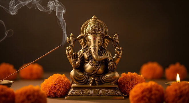 Golden Ganesha statue with burning incense stick and marigold fl