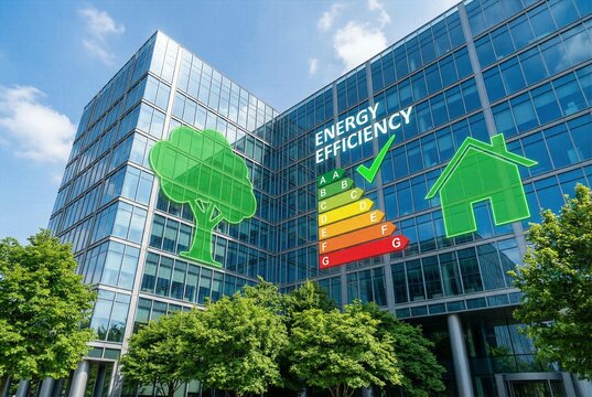 Modern glass office building facade with energy efficiency rating scale and green tree outline hologram for sustainable architecture and ecology concept